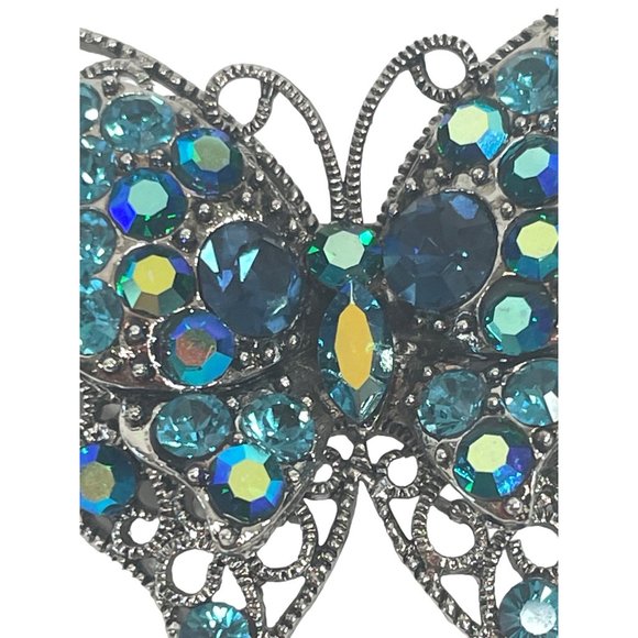 Vintage Fashion Butterfly Brooch Crystal Rhinestones Blue Aqua Teal Silver Tone - Picture 6 of 17